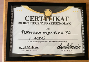Certyfikat Bezpieczny Przedszkolak dla Przedszkola Miejskiego nr 30 w Łodzi