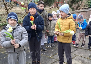 Chłopcy z grupy 5 stoją na dworze i trzymają w rękach tulipany